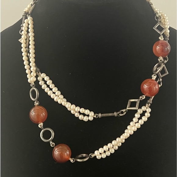 Genuine Pearl and Glass Bead Necklace with Antique Brass Accents - 38”